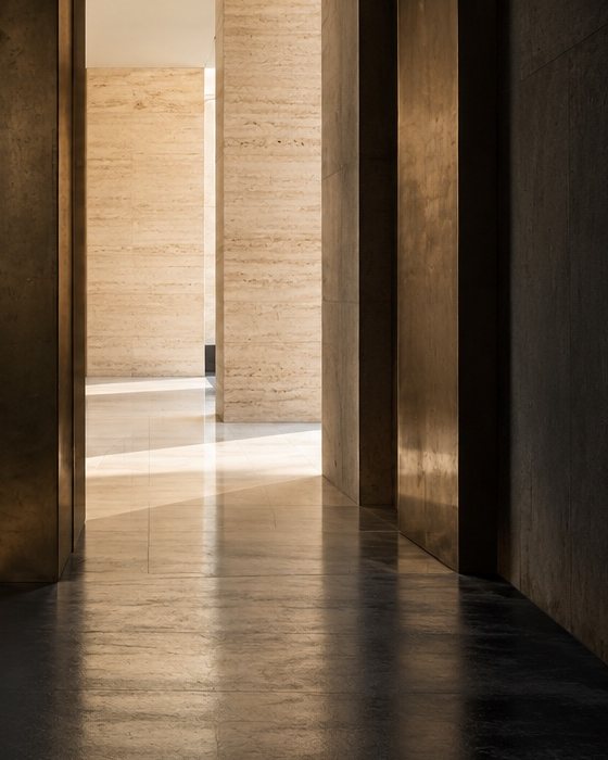Seuil de travertin baigné de lumière entre deux murs de laiton